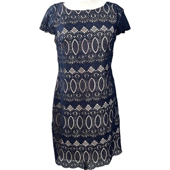 Eliza J Nude Illusion Lace Overlay Sheath Dress Wedding Guest Cocktail Size 8 - Picture 1 of 16